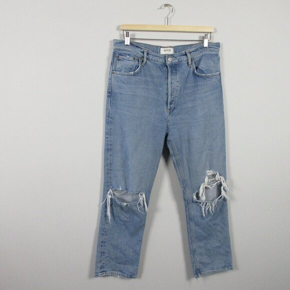 Agolde Riley High Rise Straight Crop Women 31 Blue Cotton Viscose Ripped 684 - Picture 1 of 14